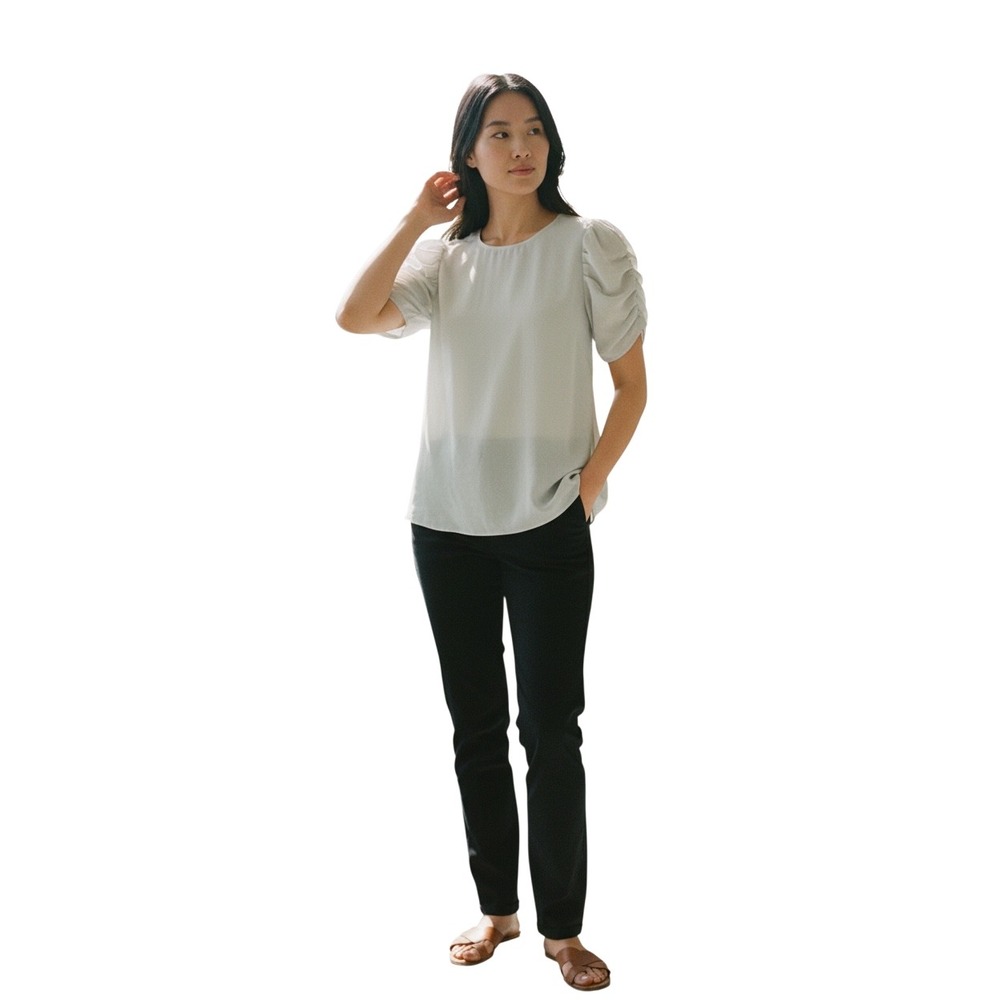 Theory Womens 100% Silk Ruched Puff Sleeve Blouse Light Blue Grey Size S